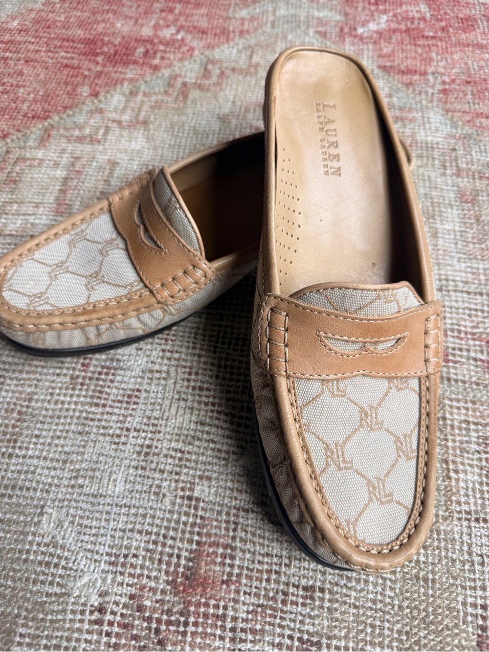 Ralph Lauren Beige & Tan Canvas Logo Penny Loafers
